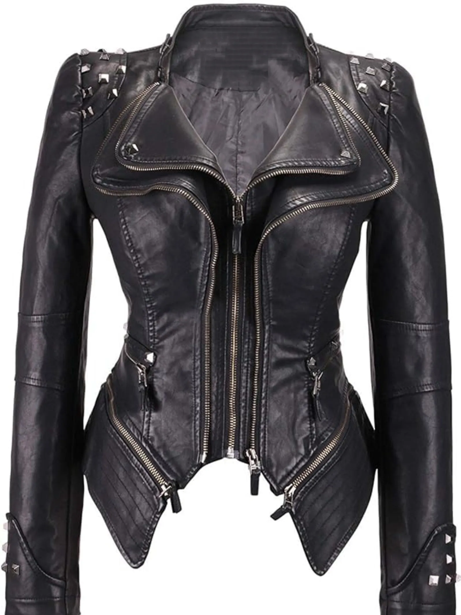 Edgy Black Studded Faux Leather Rocker Biker Jacket