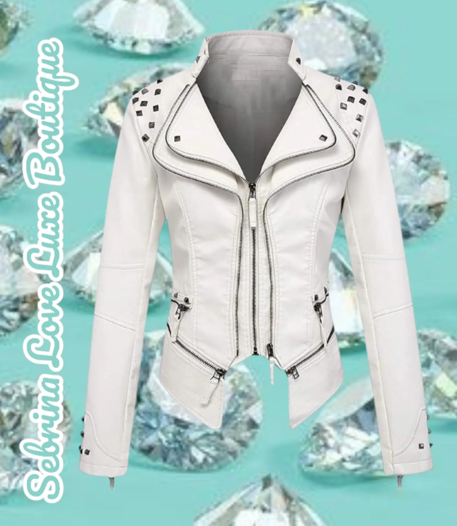 Edgy White Studded Faux Leather Rocker Biker Jacket