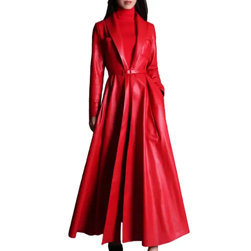 Elegant Maxi-Length PU Trench Coat