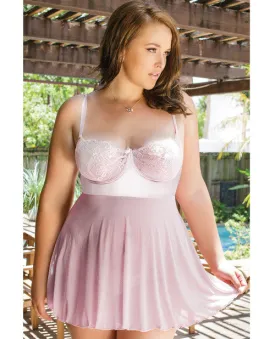 Eyelash Lace Mesh & Satin Underwire Soft Cup Babydoll W-adjustable G-string Rose Dust 1x-2x