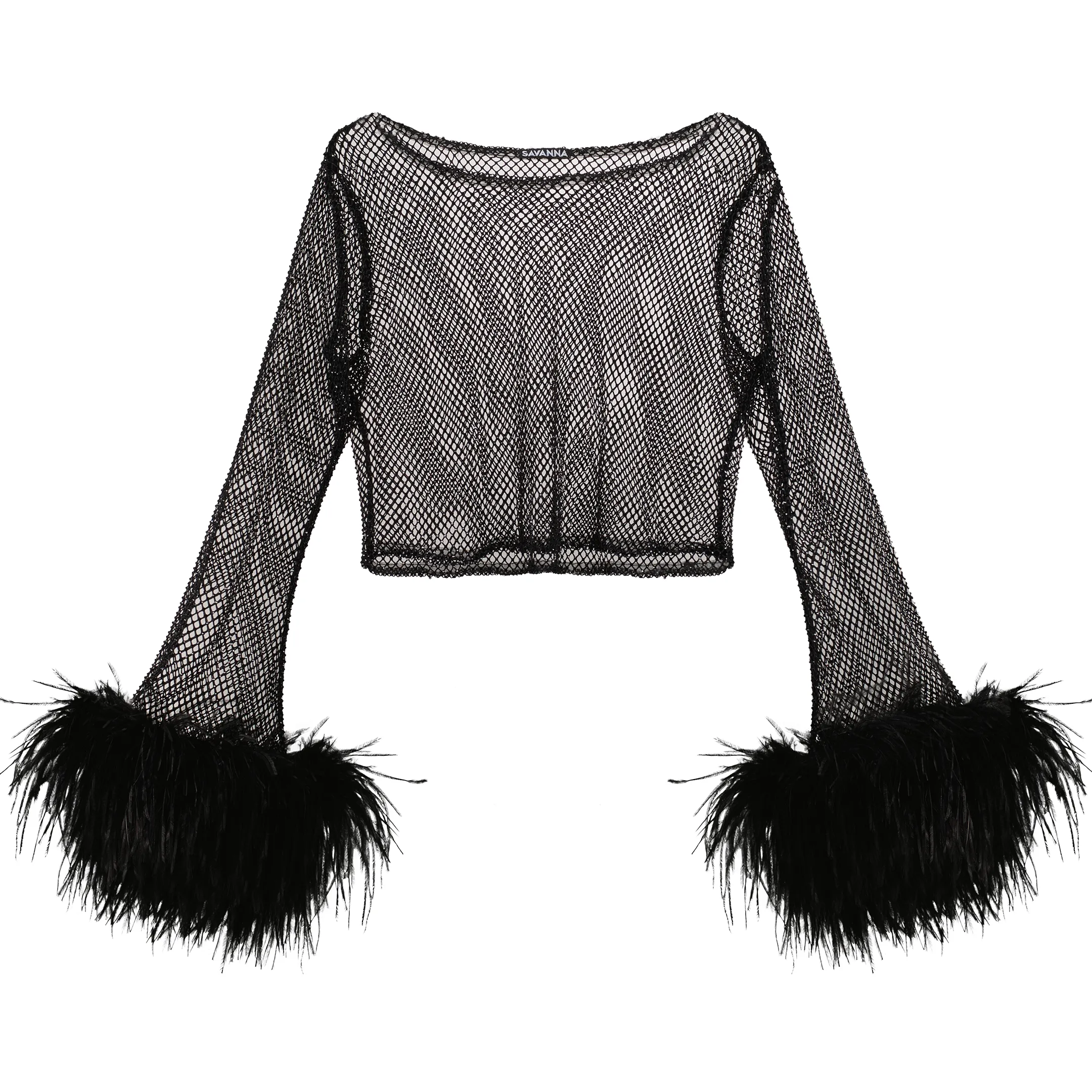 Feather-trim Long Sleeve Crystal Embellished Top - Black