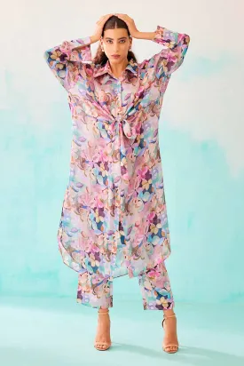 Floral Print Knot Shirt Dress & Pant Co-Ord Set