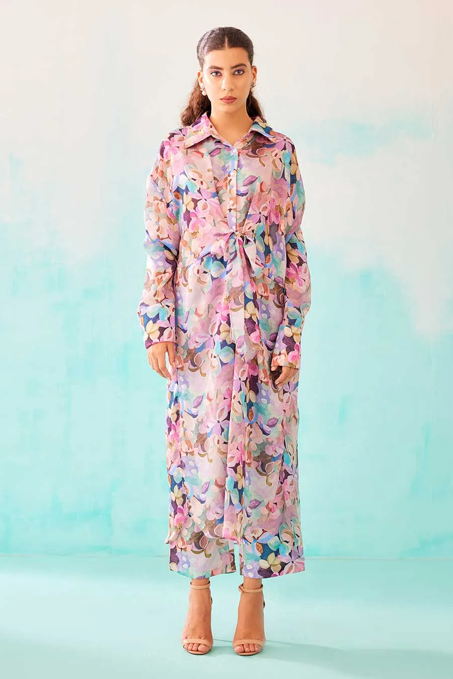 Floral Print Knot Shirt Dress & Pant Co-Ord Set