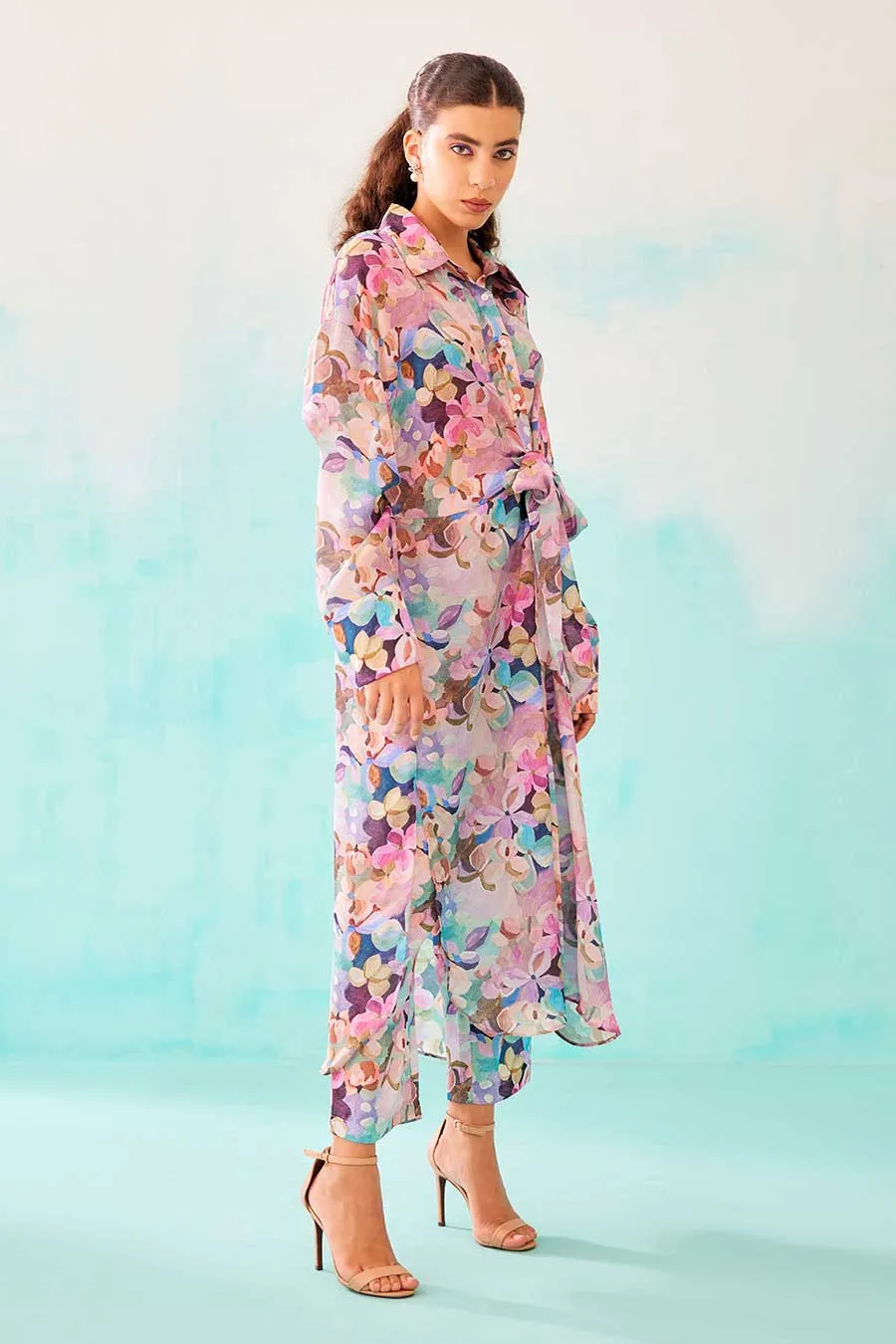 Floral Print Knot Shirt Dress & Pant Co-Ord Set