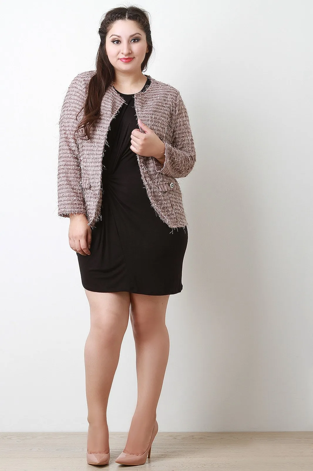 Frayed Long Sleeves Faux Pocket Collarless Jacket