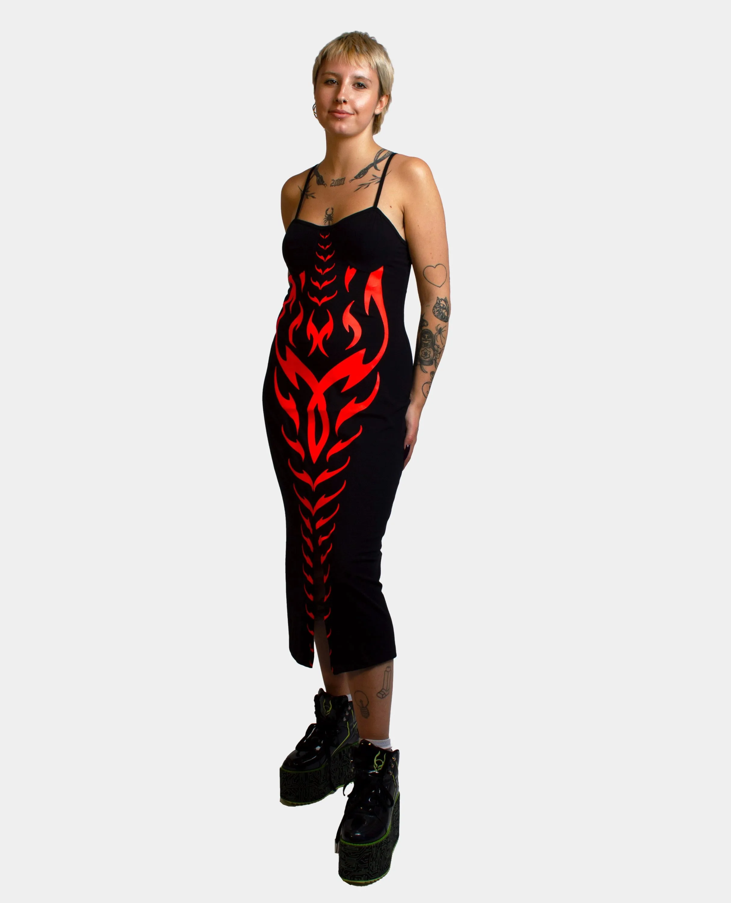 FRONT SPLIT DRESS TRIBAL PHOENIX BLACK / RED