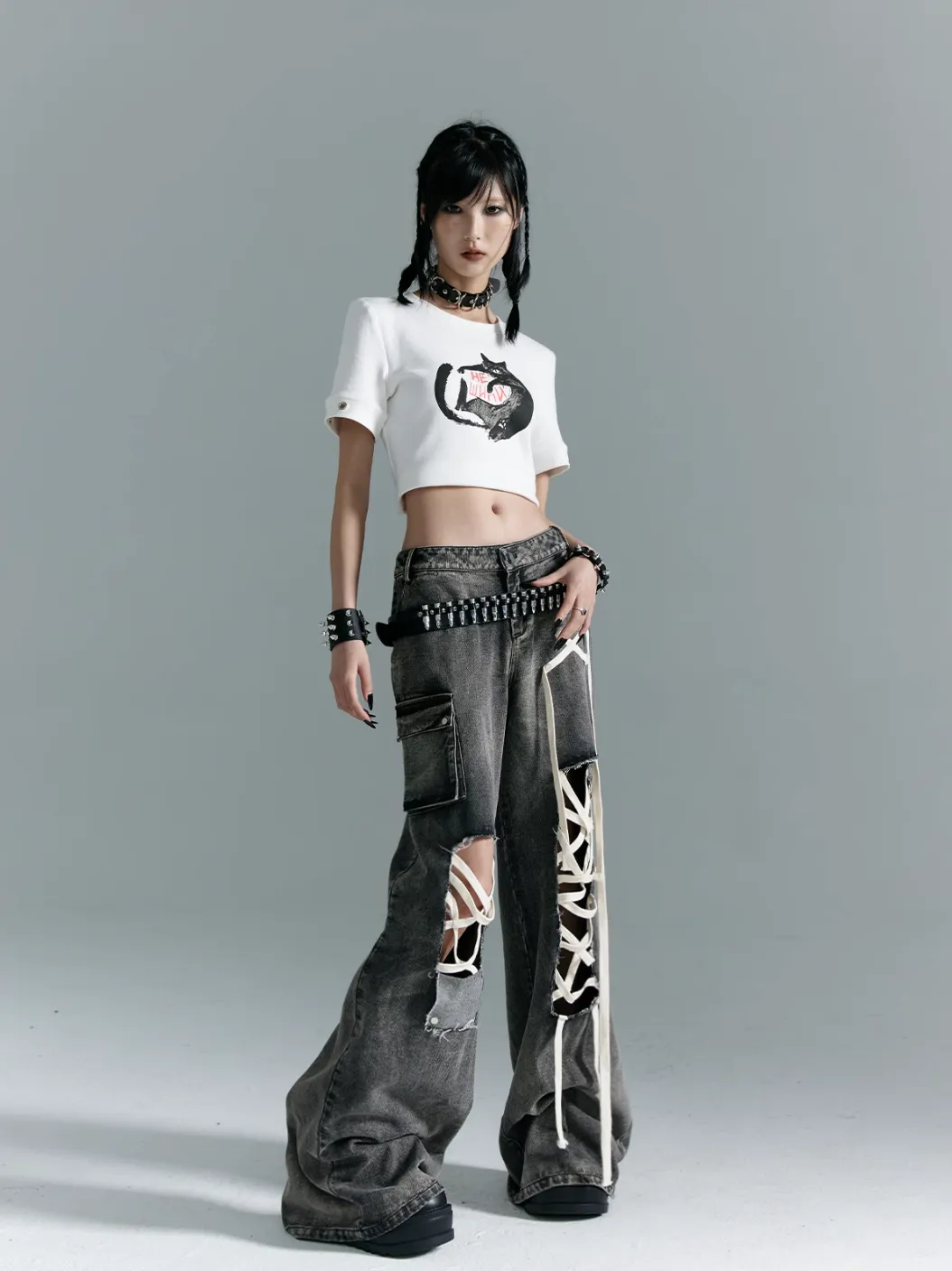 Frustration Garden Gothic Punk Wide-Leg Jeans - Distressed Gray Denim With Lace-Up Accents And Cargo Pockets