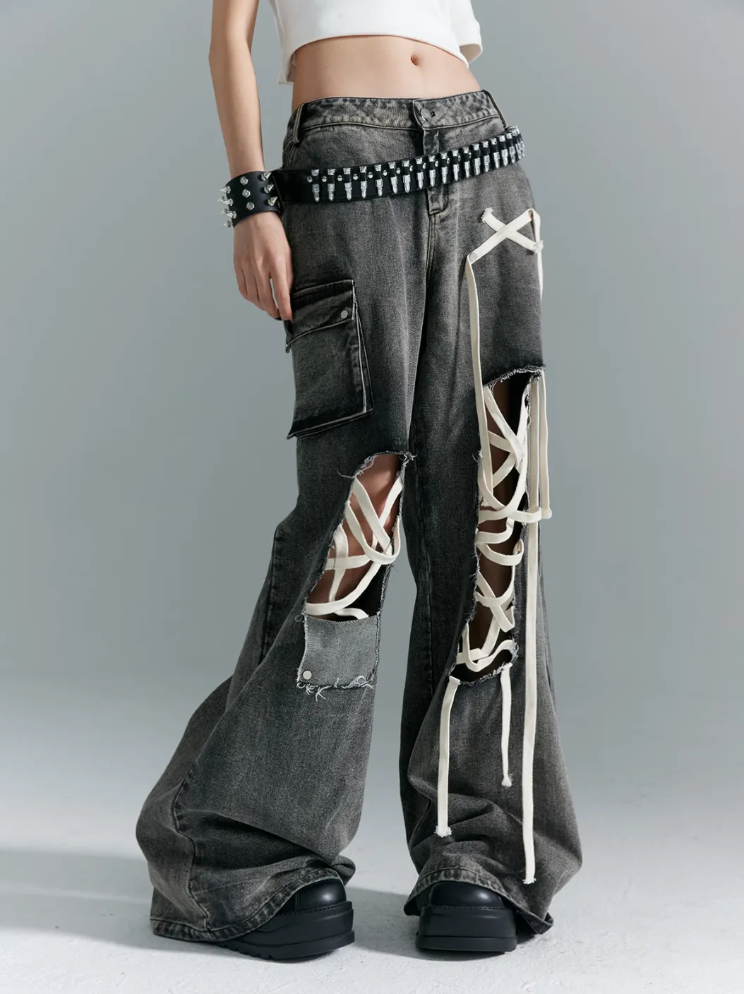 Frustration Garden Gothic Punk Wide-Leg Jeans - Distressed Gray Denim With Lace-Up Accents And Cargo Pockets