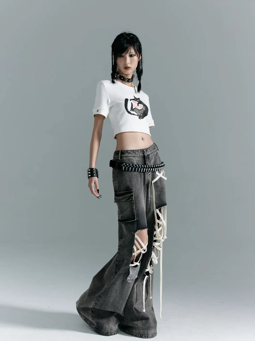 Frustration Garden Gothic Punk Wide-Leg Jeans - Distressed Gray Denim With Lace-Up Accents And Cargo Pockets