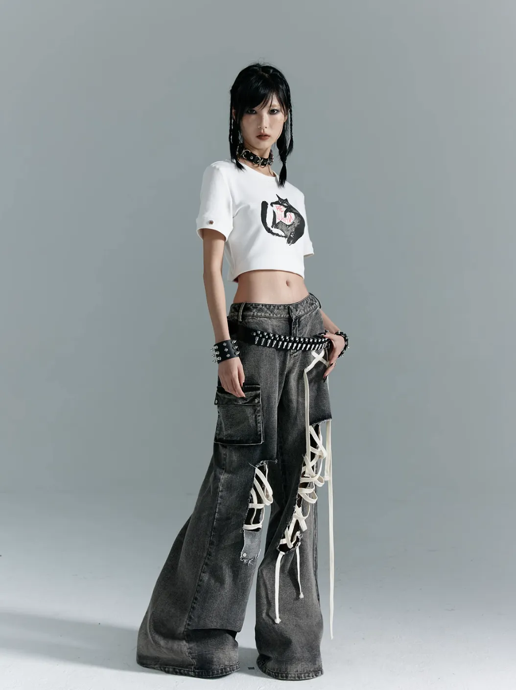 Frustration Garden Gothic Punk Wide-Leg Jeans - Distressed Gray Denim With Lace-Up Accents And Cargo Pockets