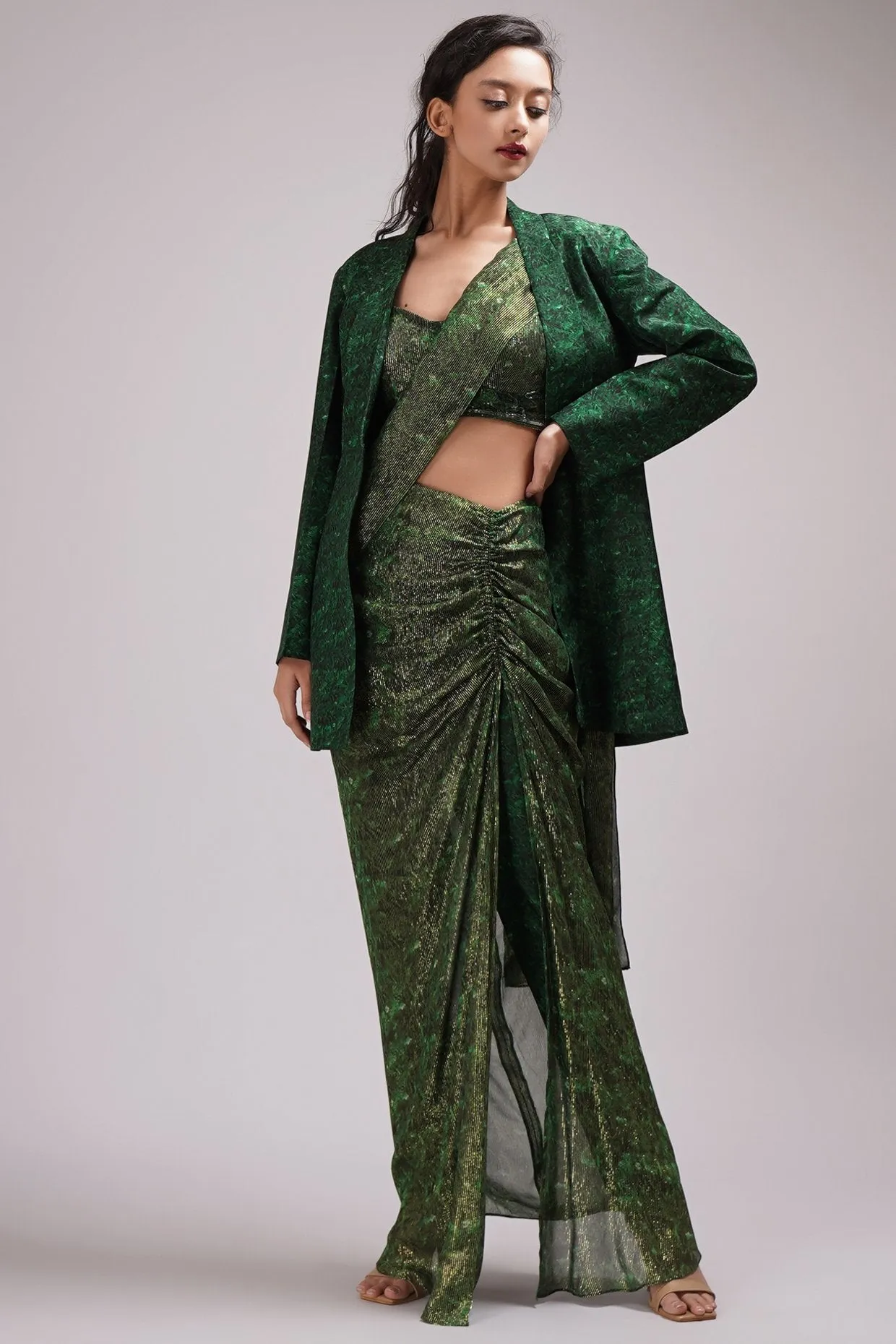 Fusion Style Jacket Drape Pant Saree Set