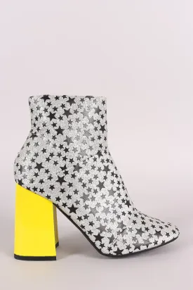 Glitter Stars Print Contrast Chunky Heeled Ankle Boots