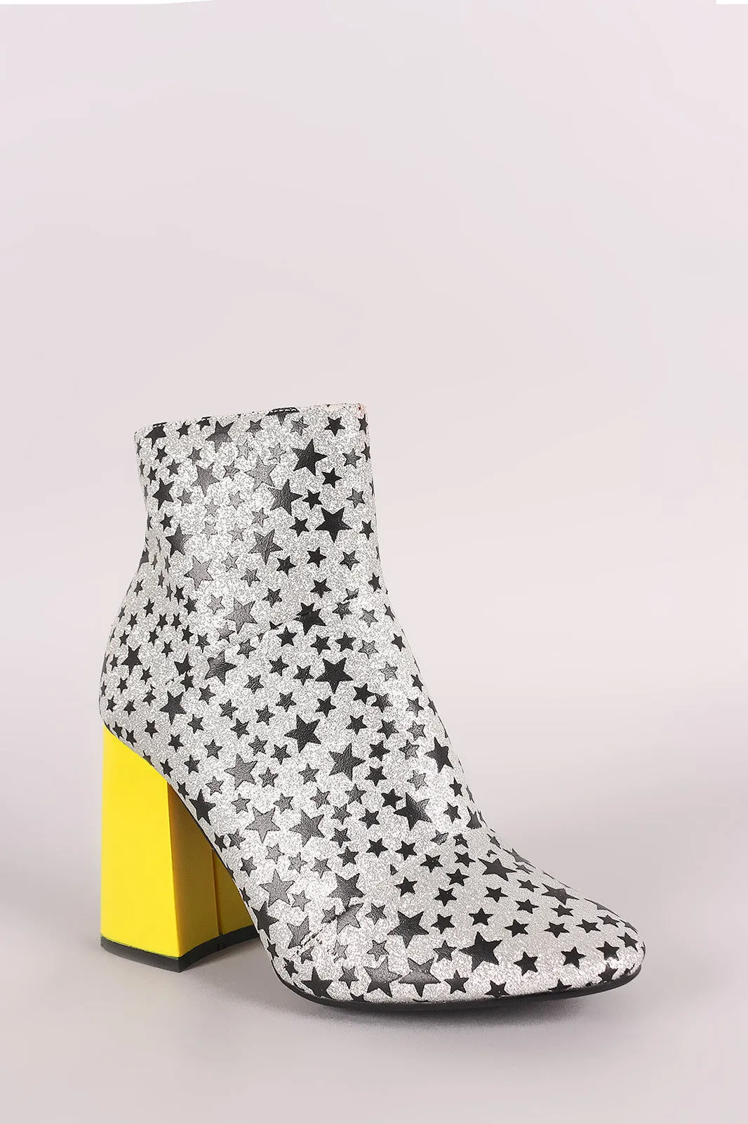 Glitter Stars Print Contrast Chunky Heeled Ankle Boots