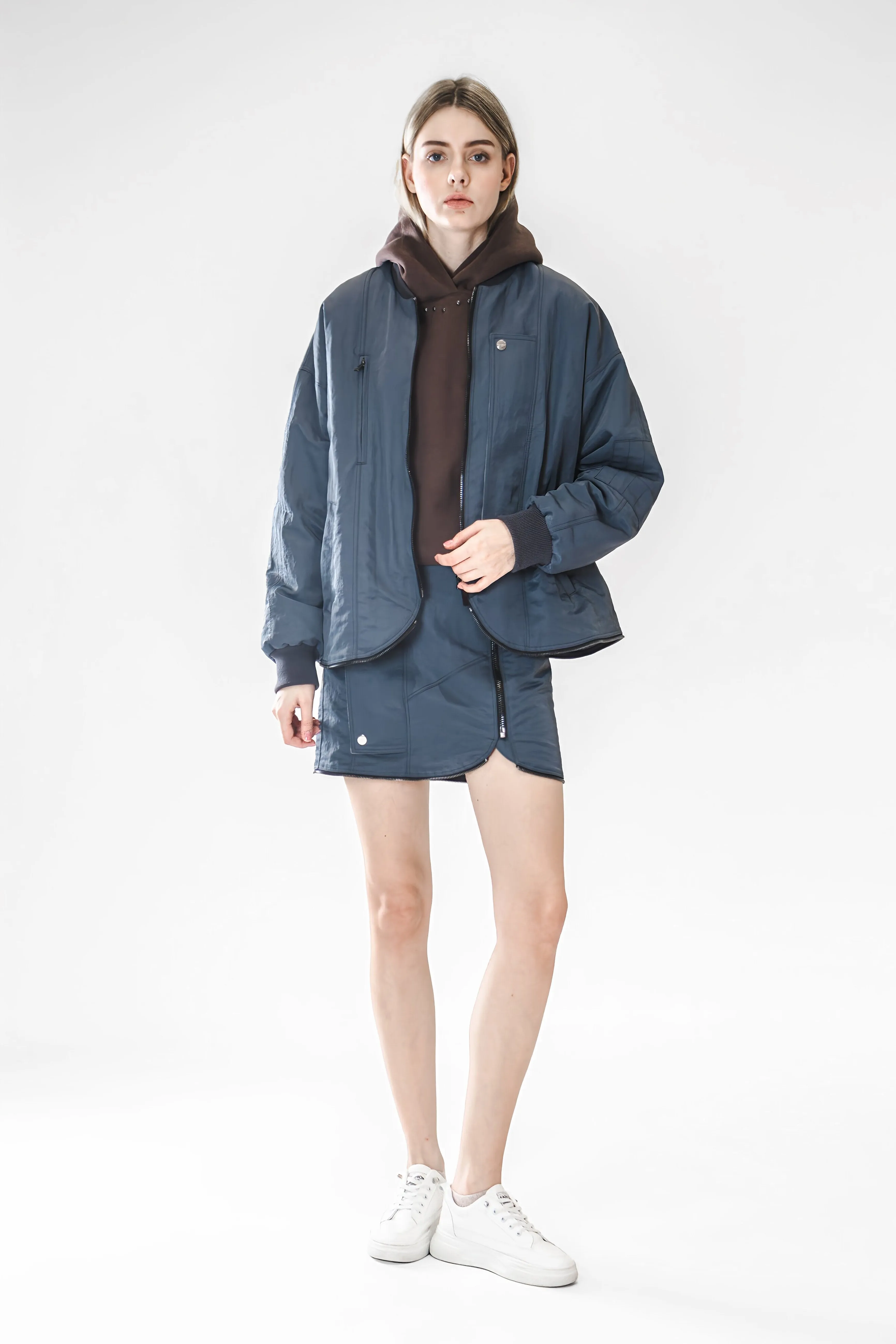 GRAY-BLUE/ANGORA RED LOOSE-FIT TRENCH BOMBER JACKET