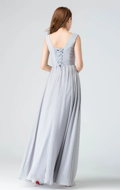 Gray Chiffon Bridesmaid Dress, V Neck Ruched Chiffon Wedding Dress 1911#