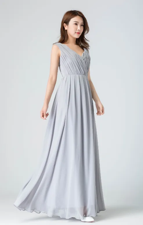 Gray Chiffon Bridesmaid Dress, V Neck Ruched Chiffon Wedding Dress 1911#