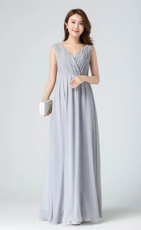 Gray Chiffon Bridesmaid Dress, V Neck Ruched Chiffon Wedding Dress 1911#