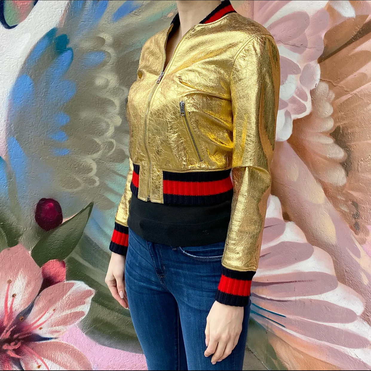 Gucci Gold Metallic Leather Bomber Jacket - XS / 0