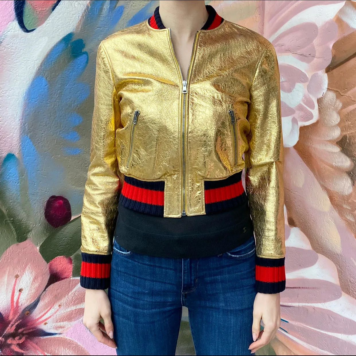 Gucci Gold Metallic Leather Bomber Jacket - XS / 0