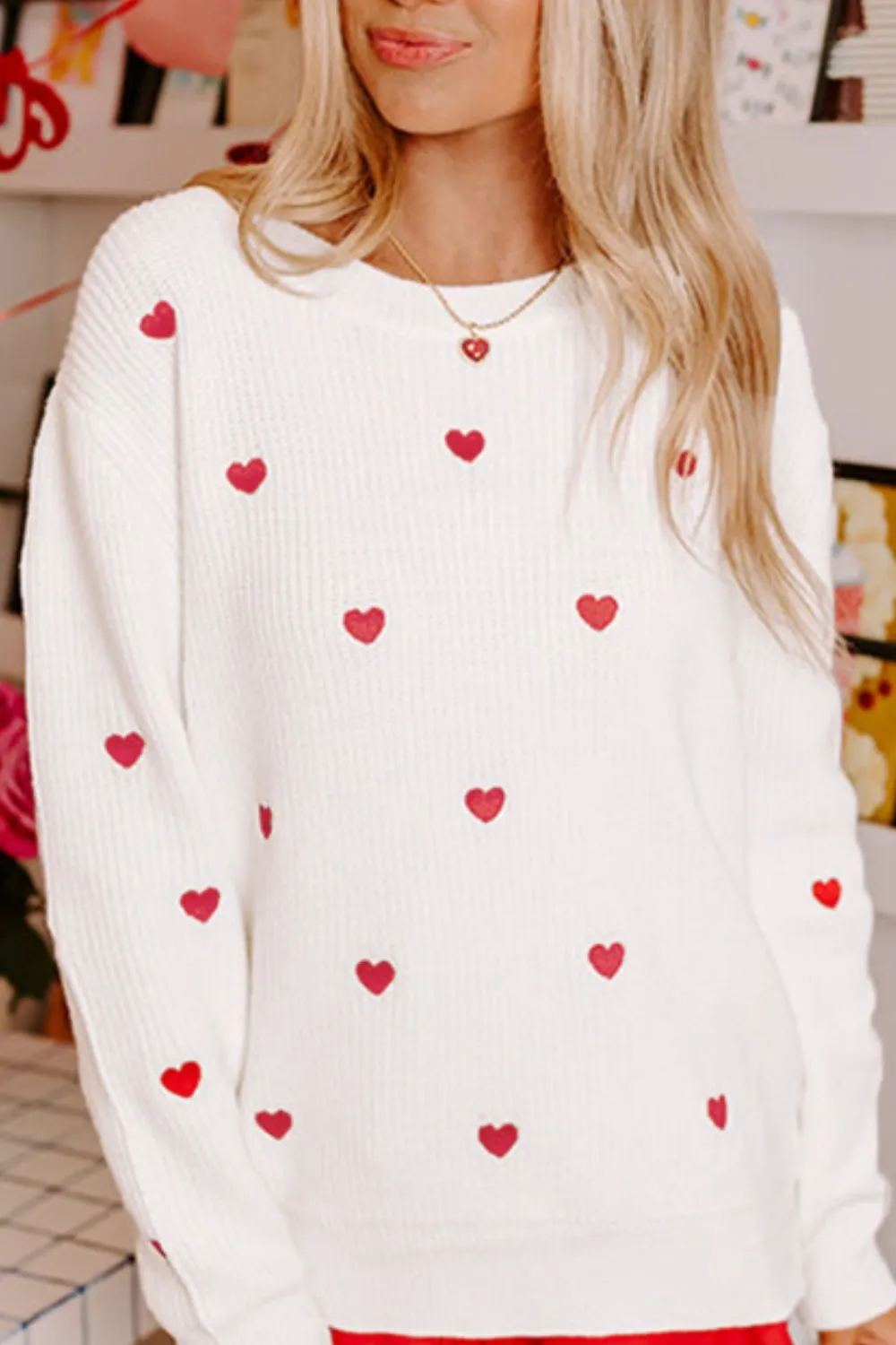 Heart Round Neck Long Sleeve Sweater