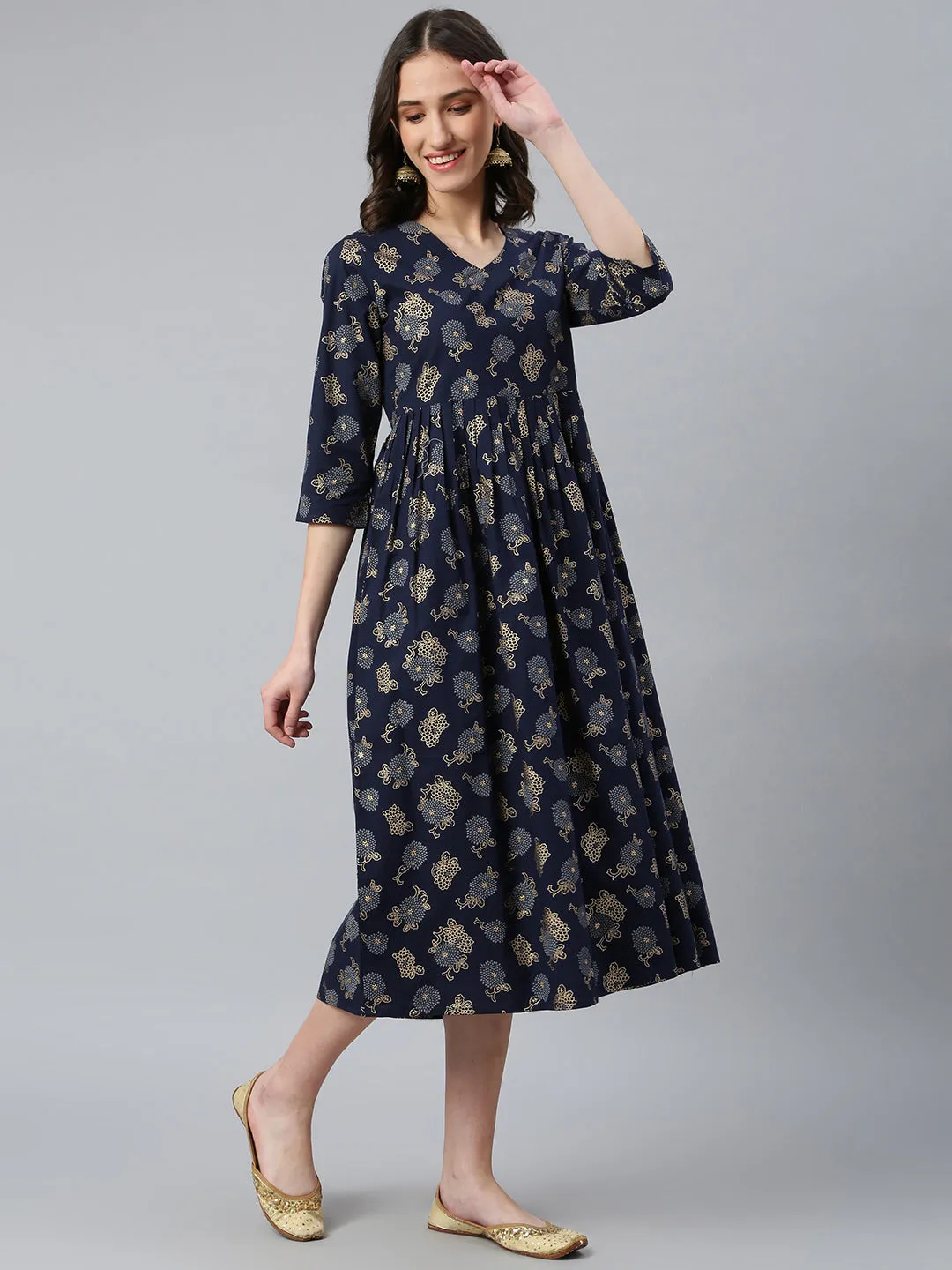 Idalia Navy Blue Gold Floral Printed Dress