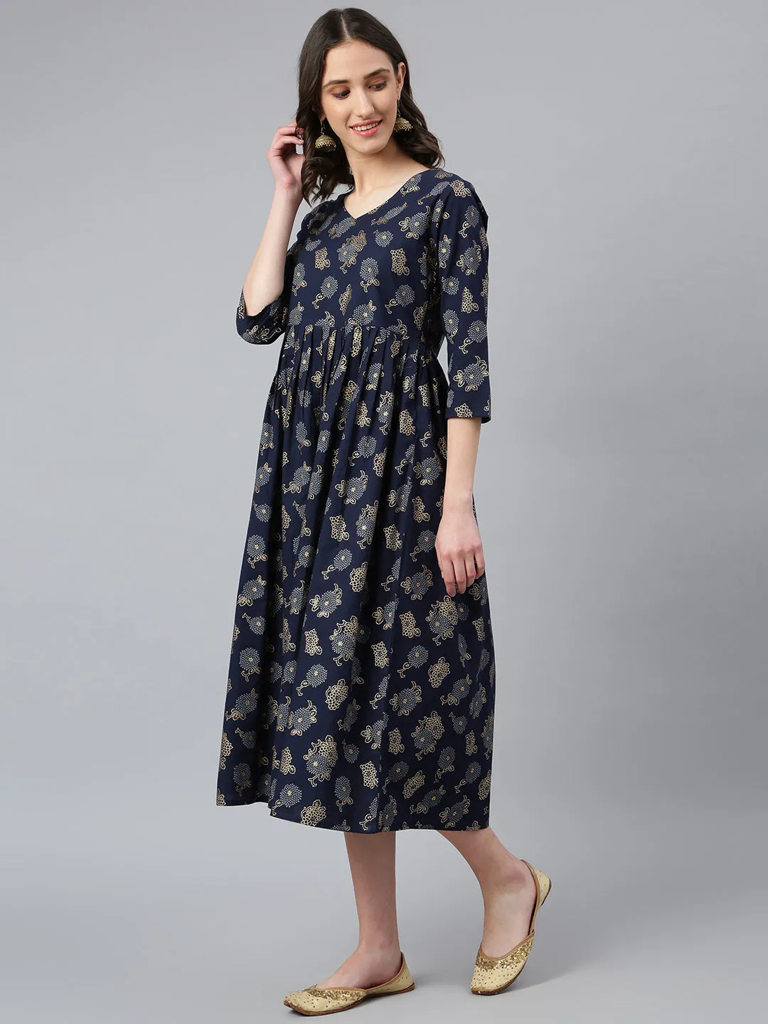 Idalia Navy Blue Gold Floral Printed Dress