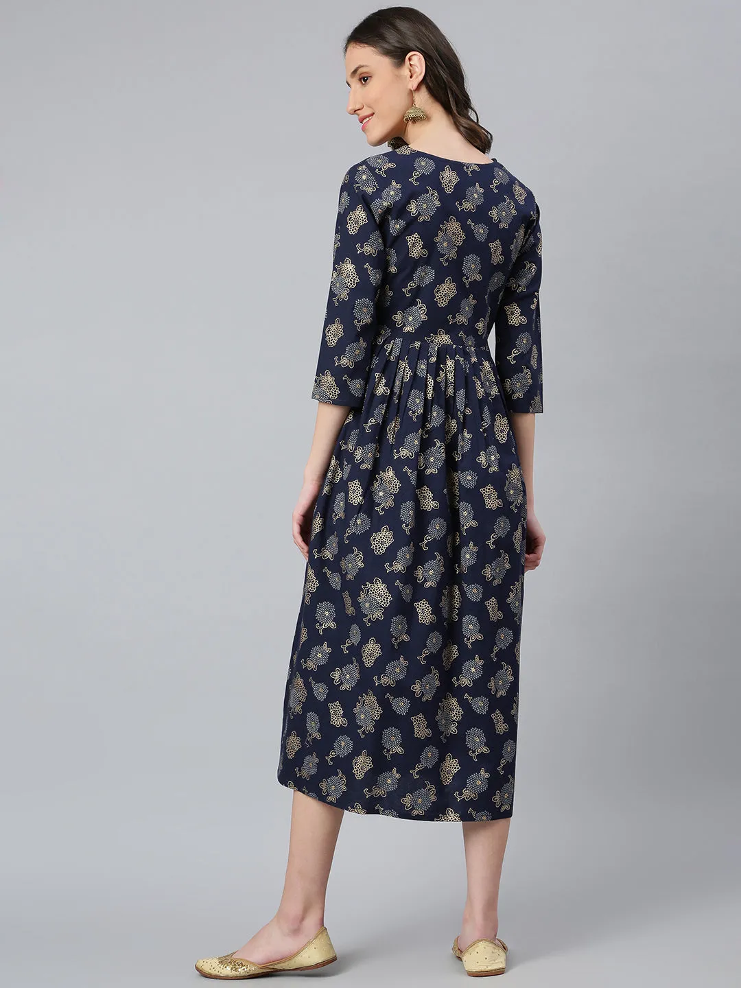 Idalia Navy Blue Gold Floral Printed Dress