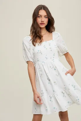 Jillian Embroidered Gauze Babydoll Mini Dress - White