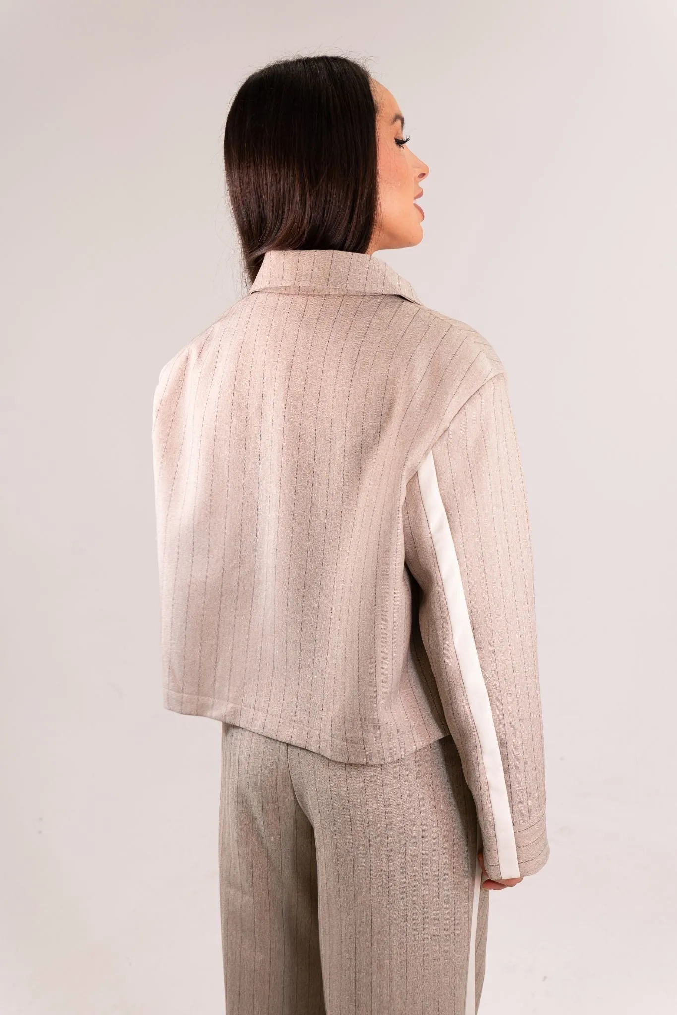 Kiera Zip Pinstripe Jacket In Taupe