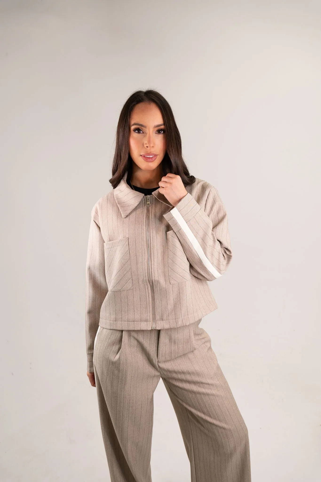 Kiera Zip Pinstripe Jacket In Taupe