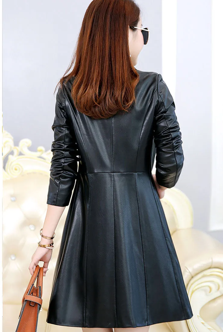 Lapel Leather Mid-length Trench Coat