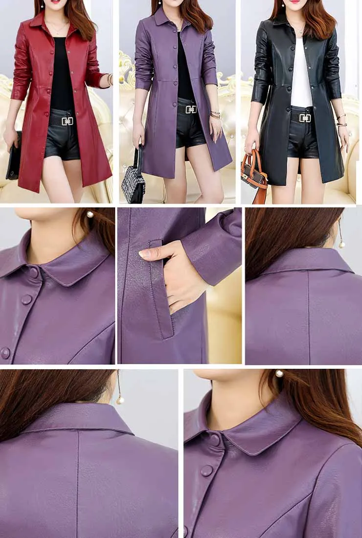 Lapel Leather Mid-length Trench Coat