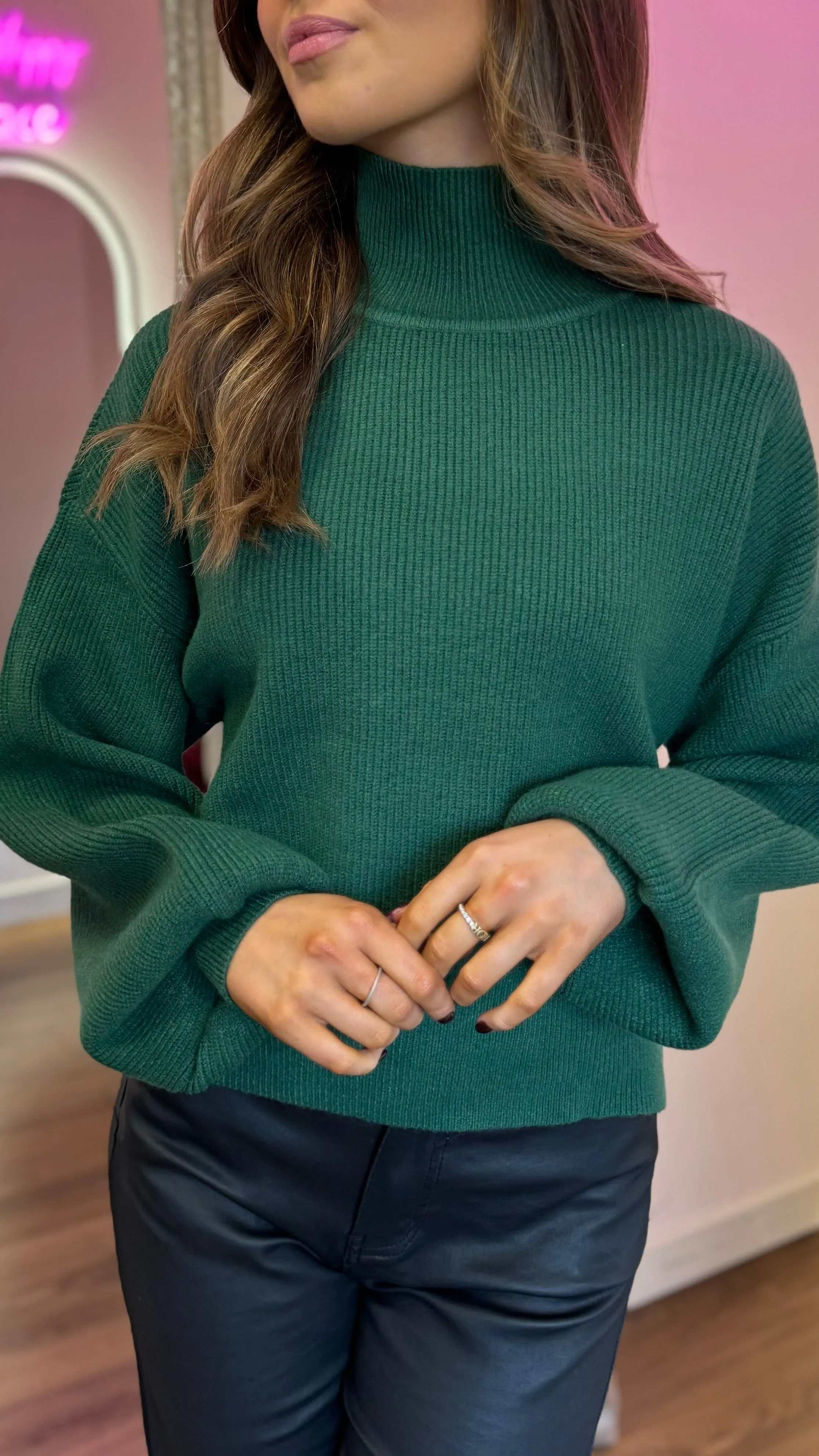 Lauryn Green Ribbed High Neck Jumper