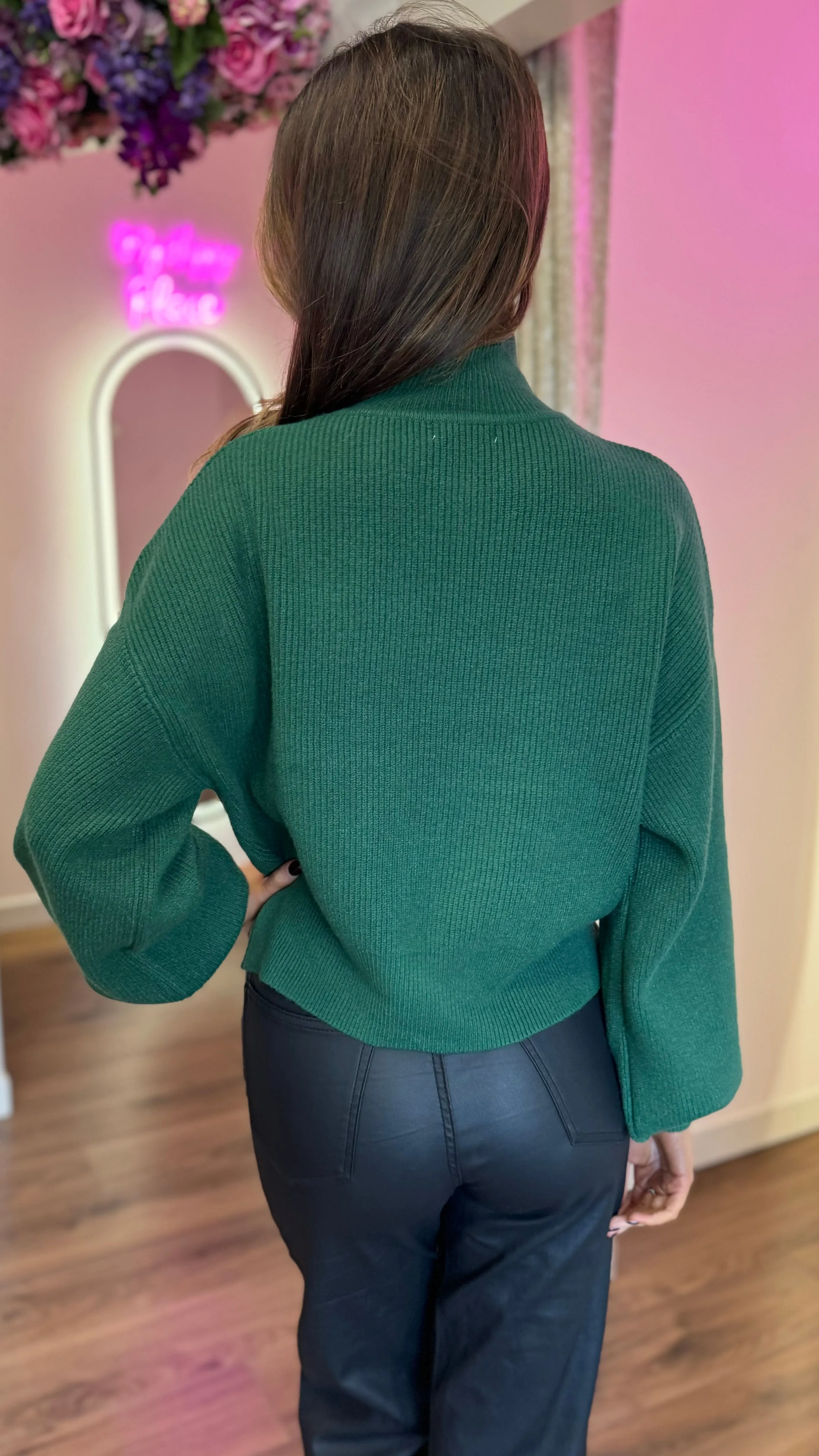 Lauryn Green Ribbed High Neck Jumper