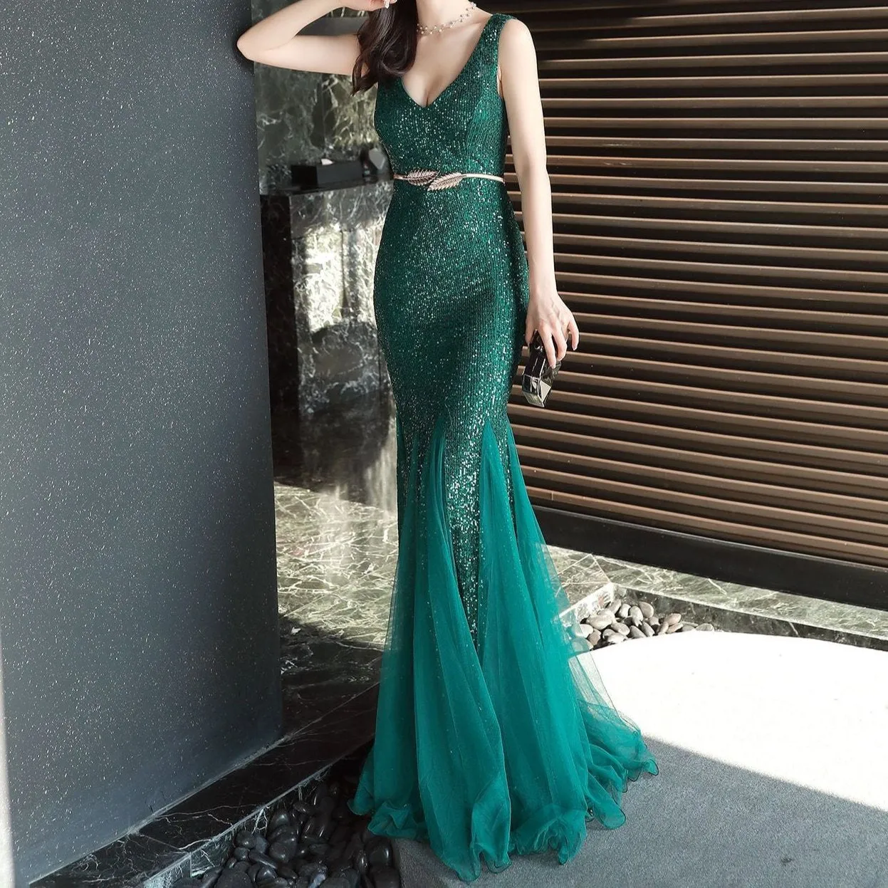 Letitia Sequin Bead Mermaid Mesh Long Dress