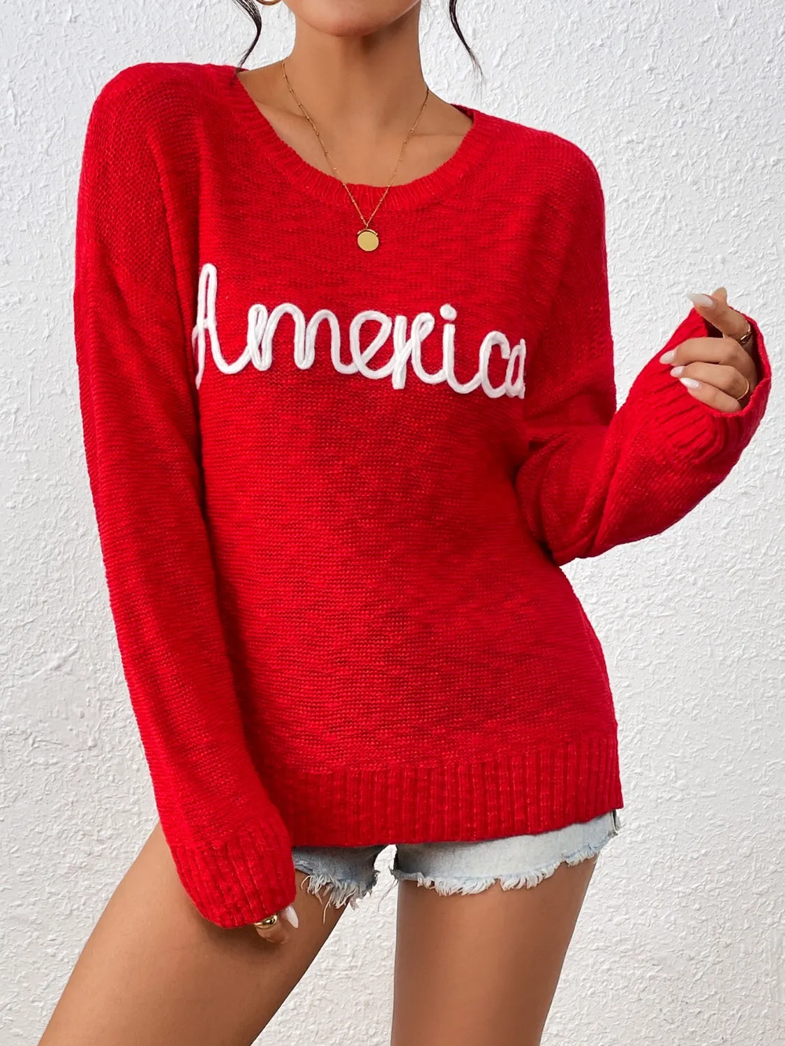 Letter Round Neck Long Sleeve Sweater