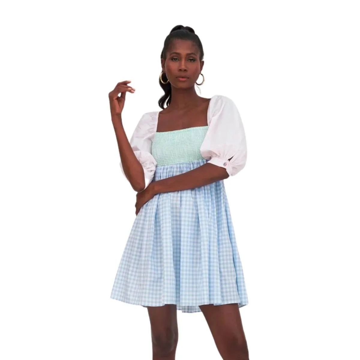 Light Blue Checkered Pattern Babydoll Dress