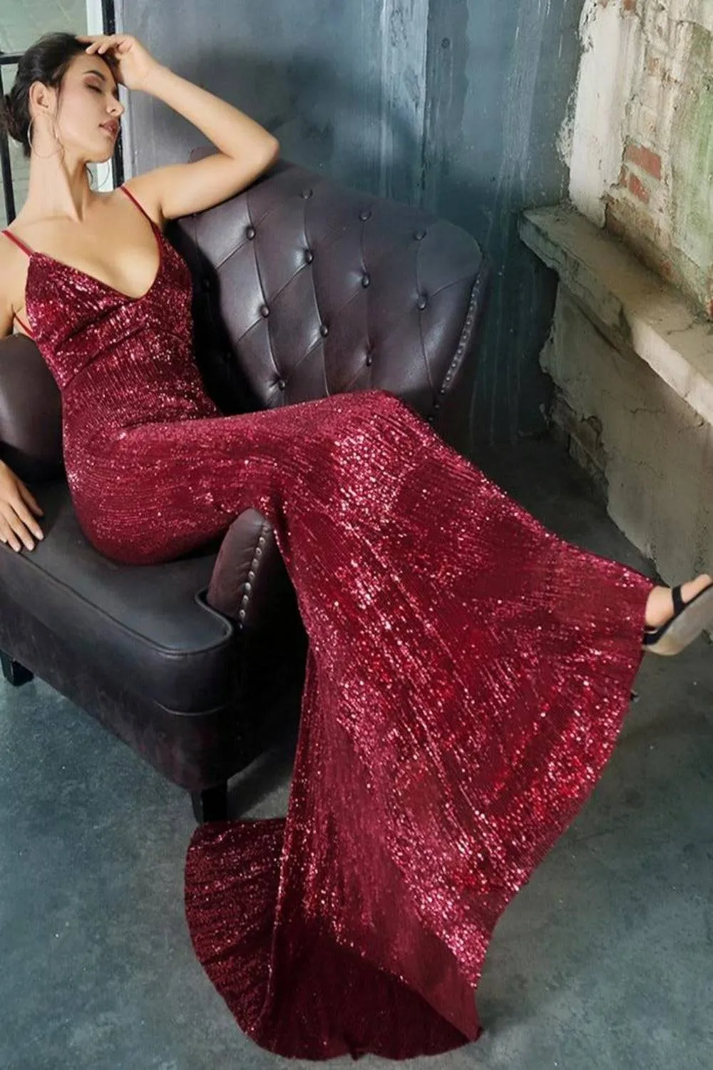 Long Sequin Open Back Sparkly Wine Red Dress