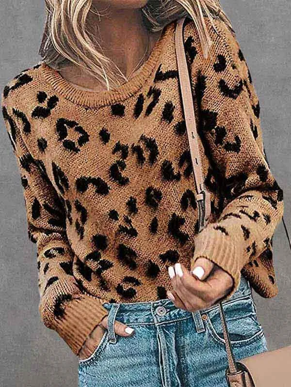 Long Sleeve Ribbed Leopard Print Pullover Womens Jumpers