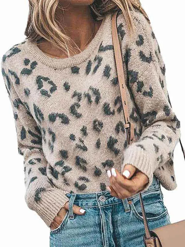 Long Sleeve Ribbed Leopard Print Pullover Womens Jumpers