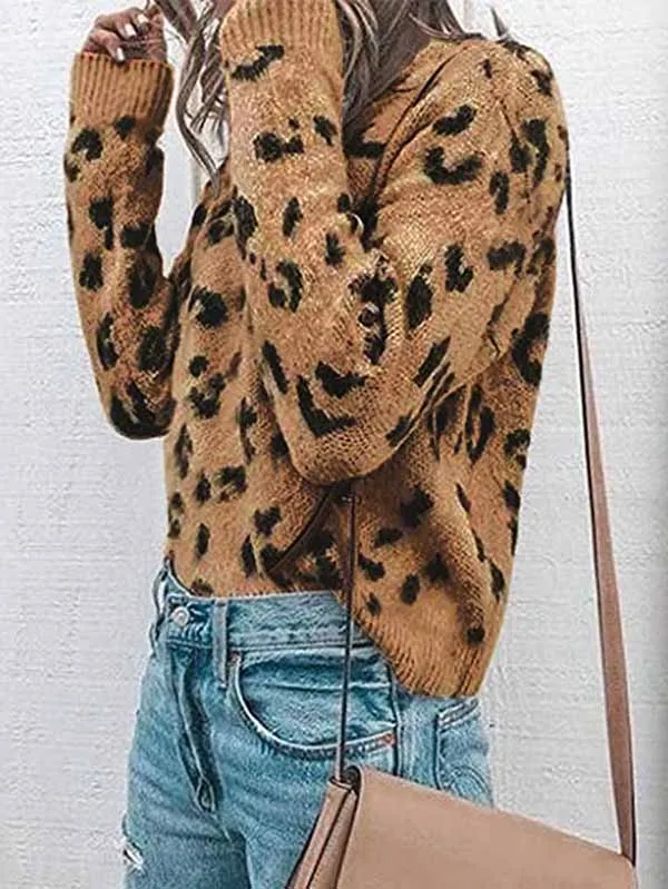 Long Sleeve Ribbed Leopard Print Pullover Womens Jumpers