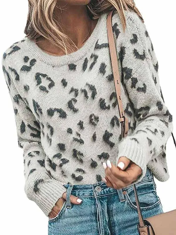 Long Sleeve Ribbed Leopard Print Pullover Womens Jumpers