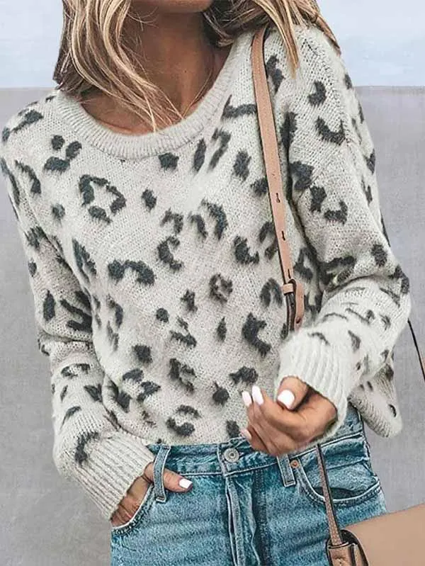 Long Sleeve Ribbed Leopard Print Pullover Womens Jumpers