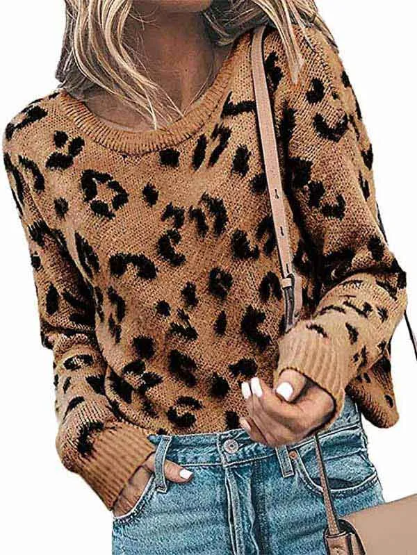 Long Sleeve Ribbed Leopard Print Pullover Womens Jumpers