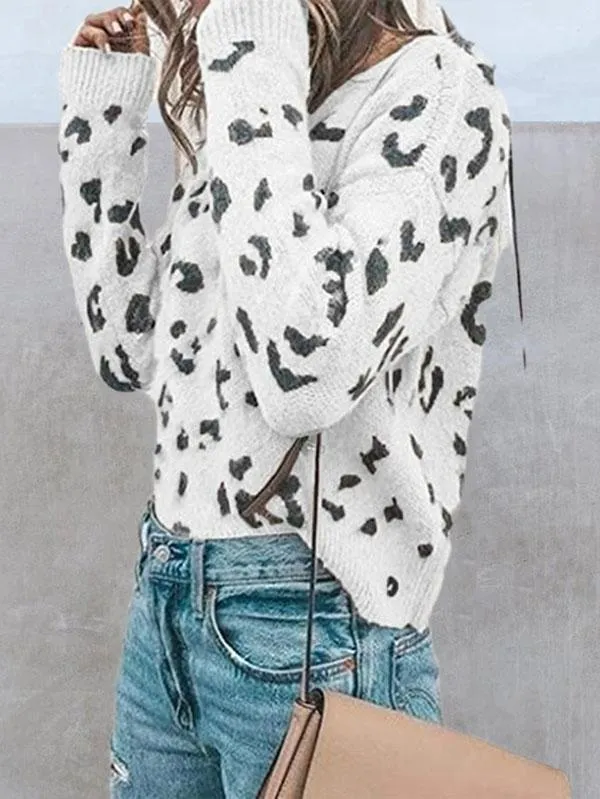 Long Sleeve Ribbed Leopard Print Pullover Womens Jumpers