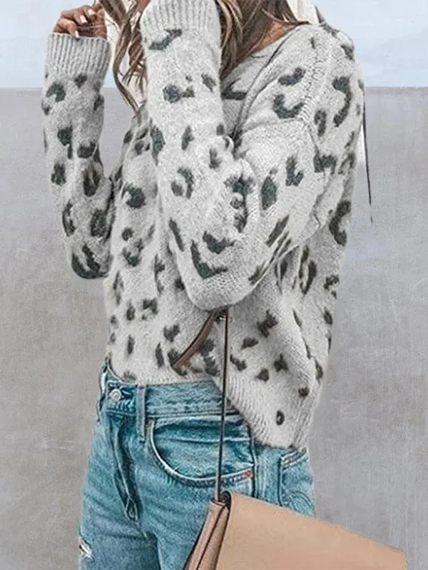 Long Sleeve Ribbed Leopard Print Pullover Womens Jumpers