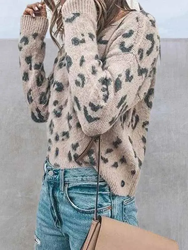 Long Sleeve Ribbed Leopard Print Pullover Womens Jumpers