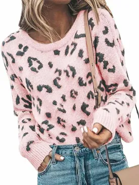 Long Sleeve Ribbed Leopard Print Pullover Womens Jumpers