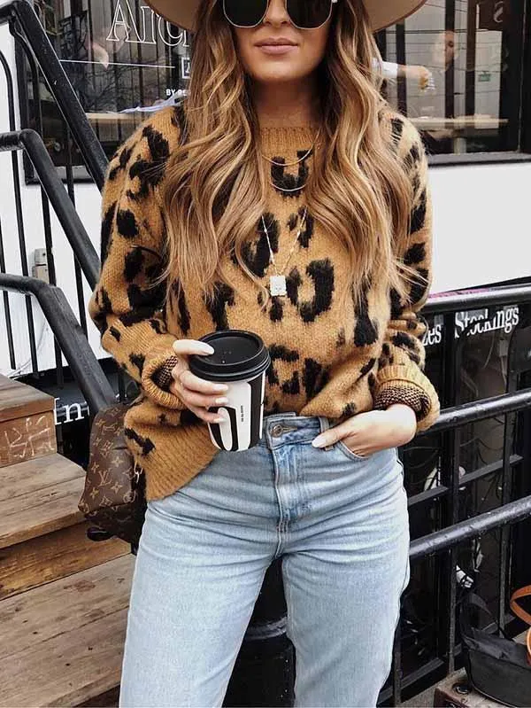 Long Sleeve Ribbed Leopard Print Pullover Womens Jumpers