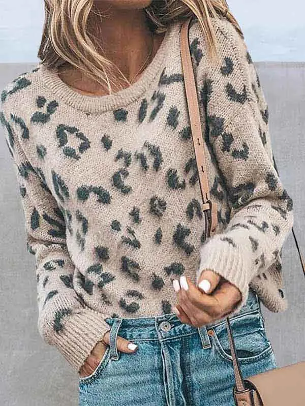 Long Sleeve Ribbed Leopard Print Pullover Womens Jumpers